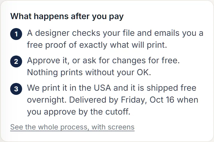Above the Pay button, checkout says what happens next before you commit.