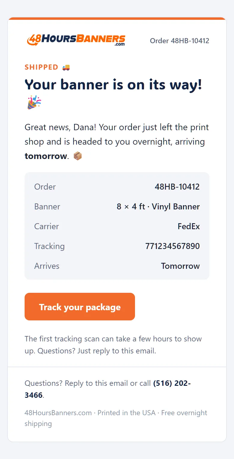 The shipped email with the tracking number and the day to expect the box.