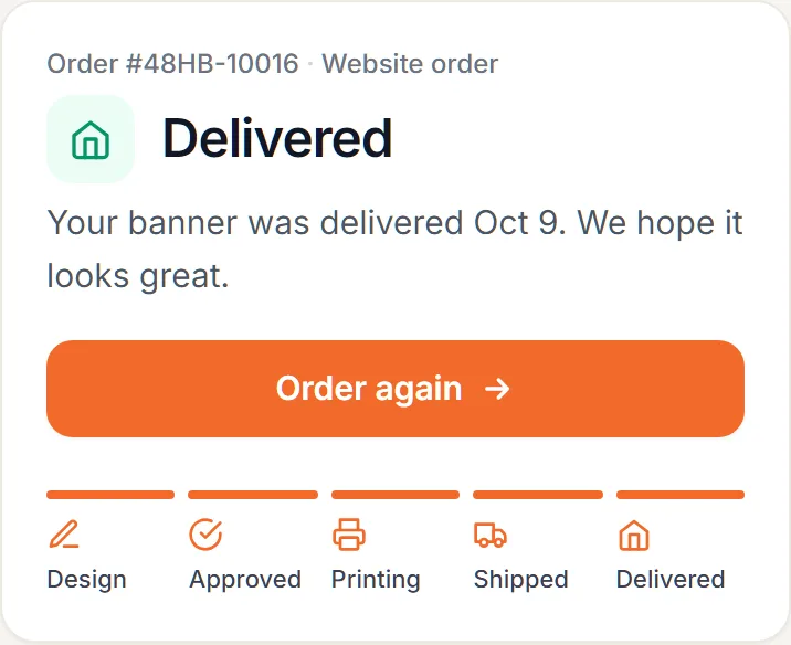 The track page: where your order is, step by step, and Order again once it has landed.