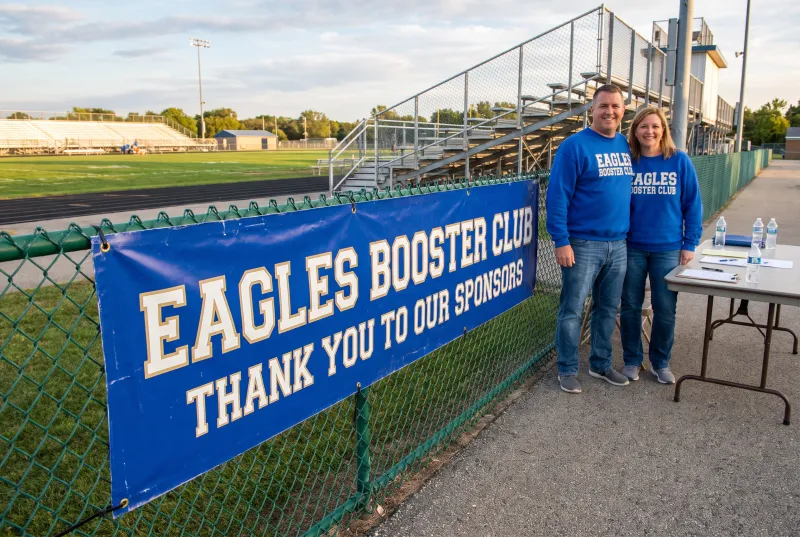 Booster club volunteers beside a blue sponsor thank-you banner on a stadium fence