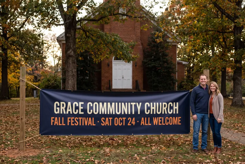 Navy church fall festival vinyl banner hung between two posts in front of a brick church