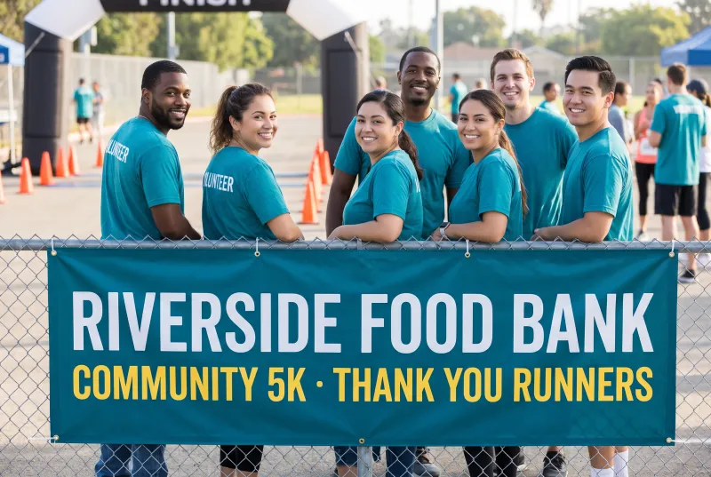 Volunteers behind a teal food bank 5K vinyl banner zip-tied to a fence at the finish line
