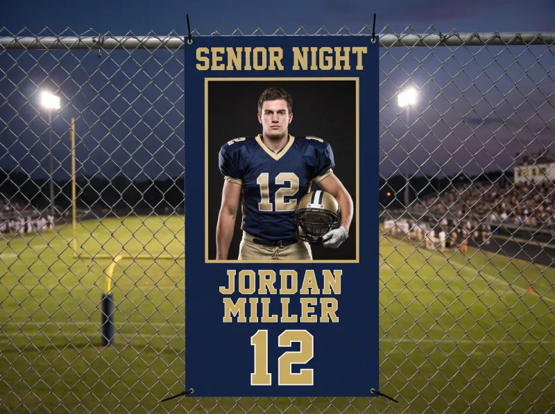 Football player banner stadium fence night