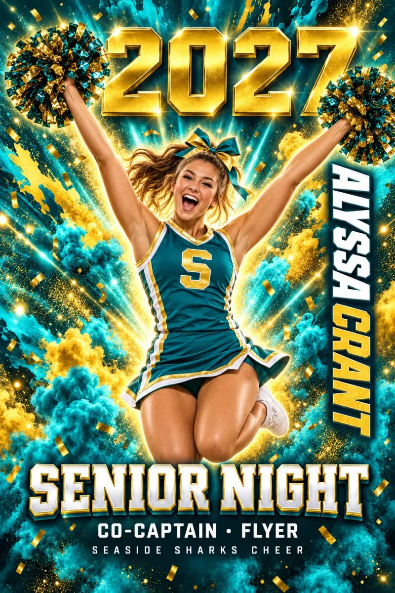 Color Burst custom senior night banner design for cheer with sample photo, name, number and Class of 2027
