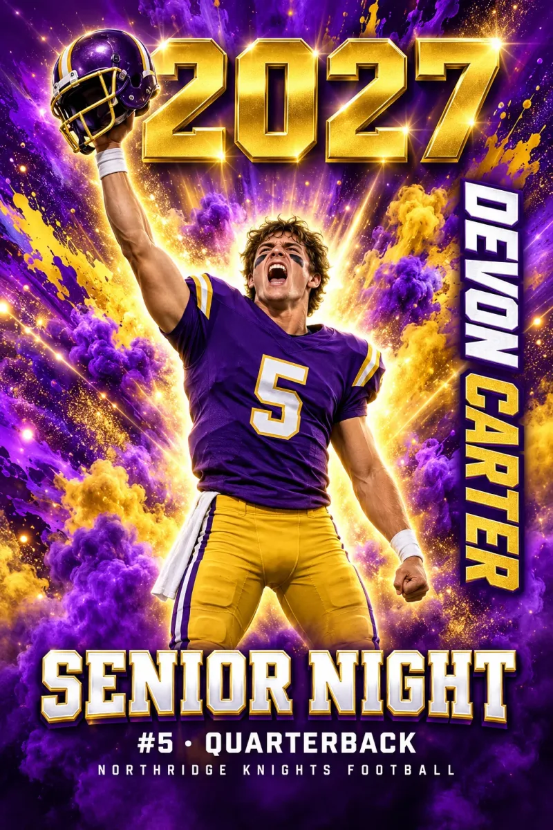 Color Burst custom senior night banner design for football with sample photo, name, number and Class of 2027