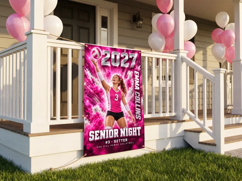 Color Burst custom senior night banner hung on the front porch at home
