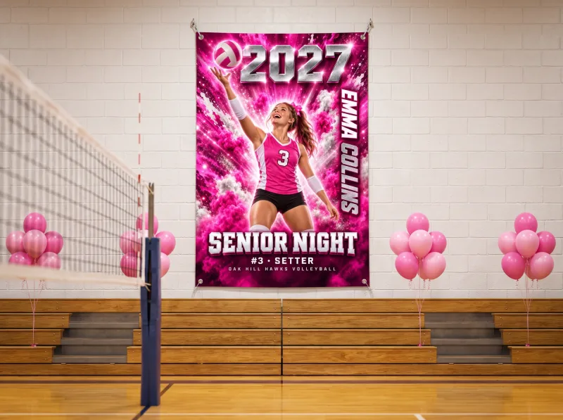 Color Burst custom senior night banner hung on a gym wall