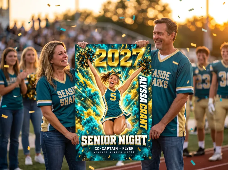Color Burst custom senior night banner held up by proud parents