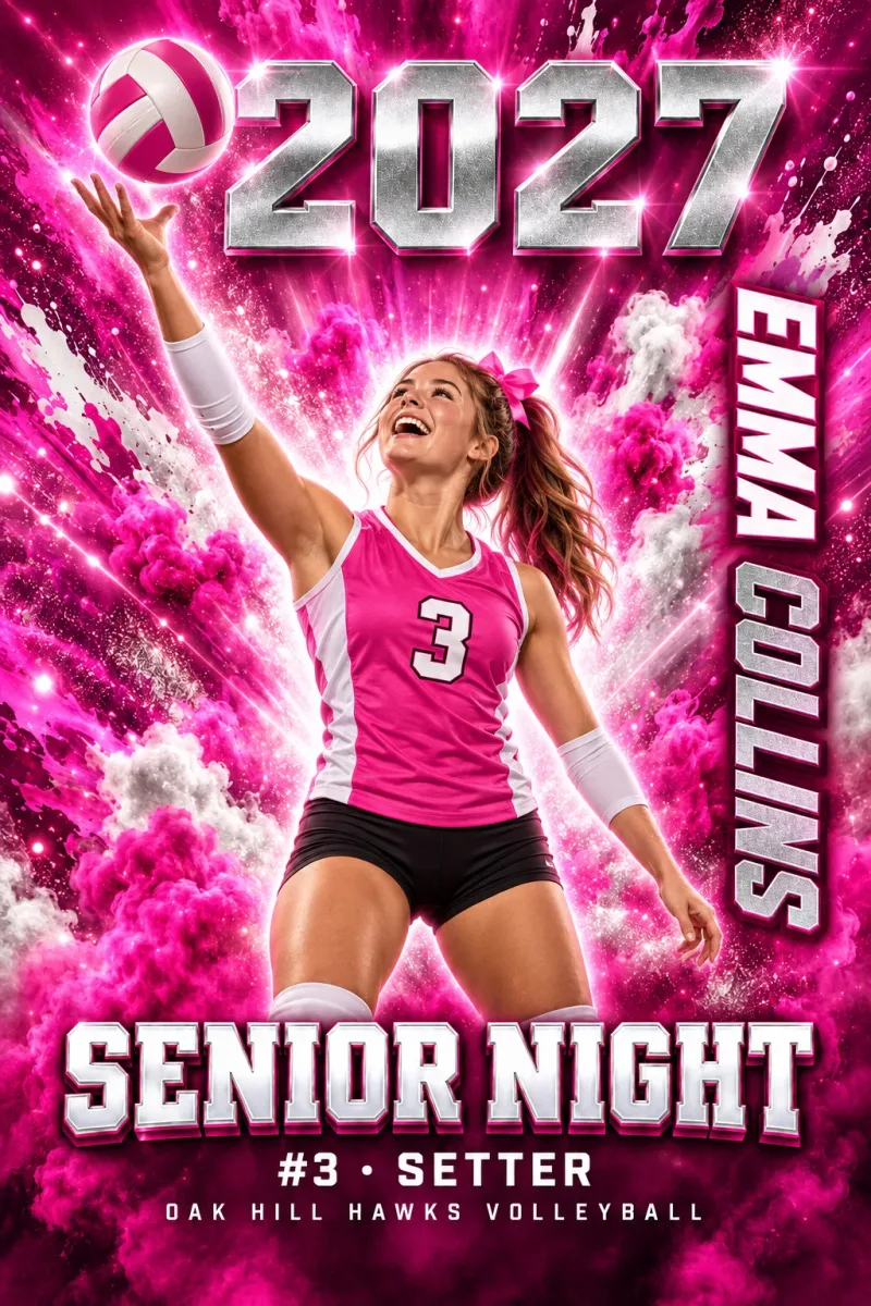 Color Burst custom senior night banner design for volleyball with sample photo, name, number and Class of 2027