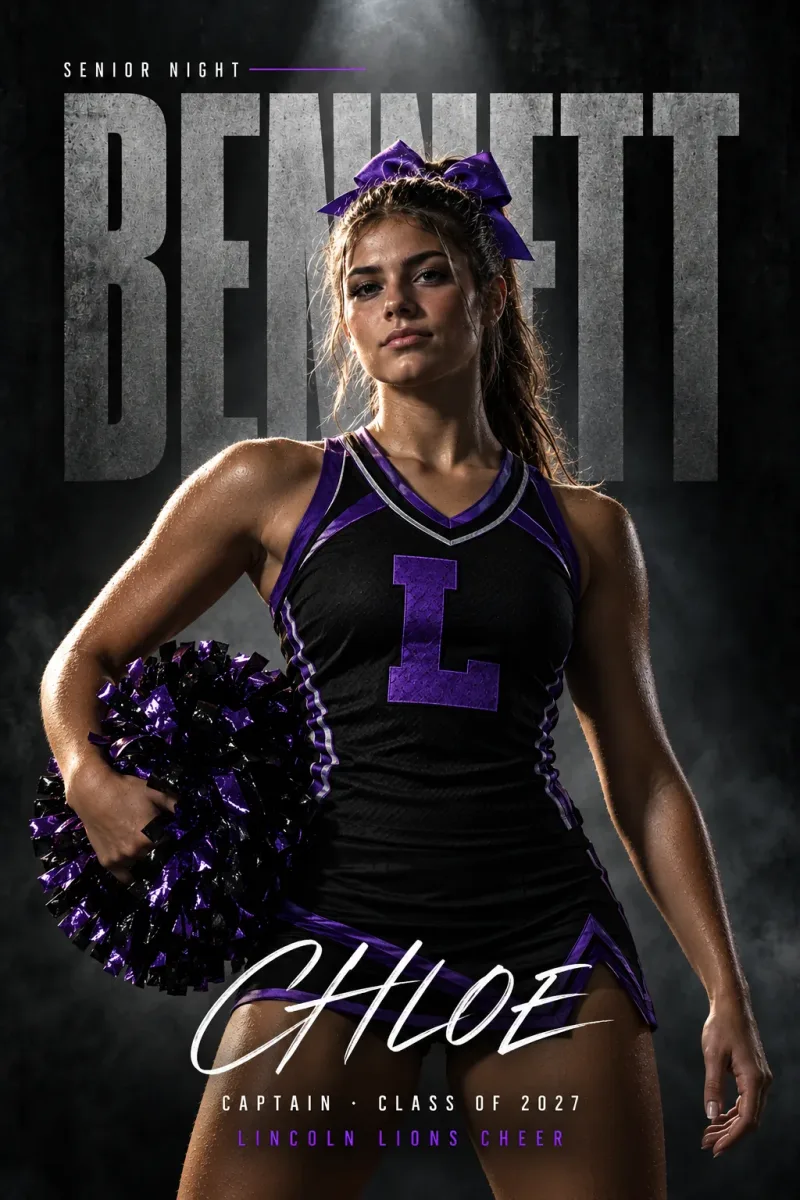 Dark Cinematic custom senior night banner design for cheer with sample photo, name, number and Class of 2027