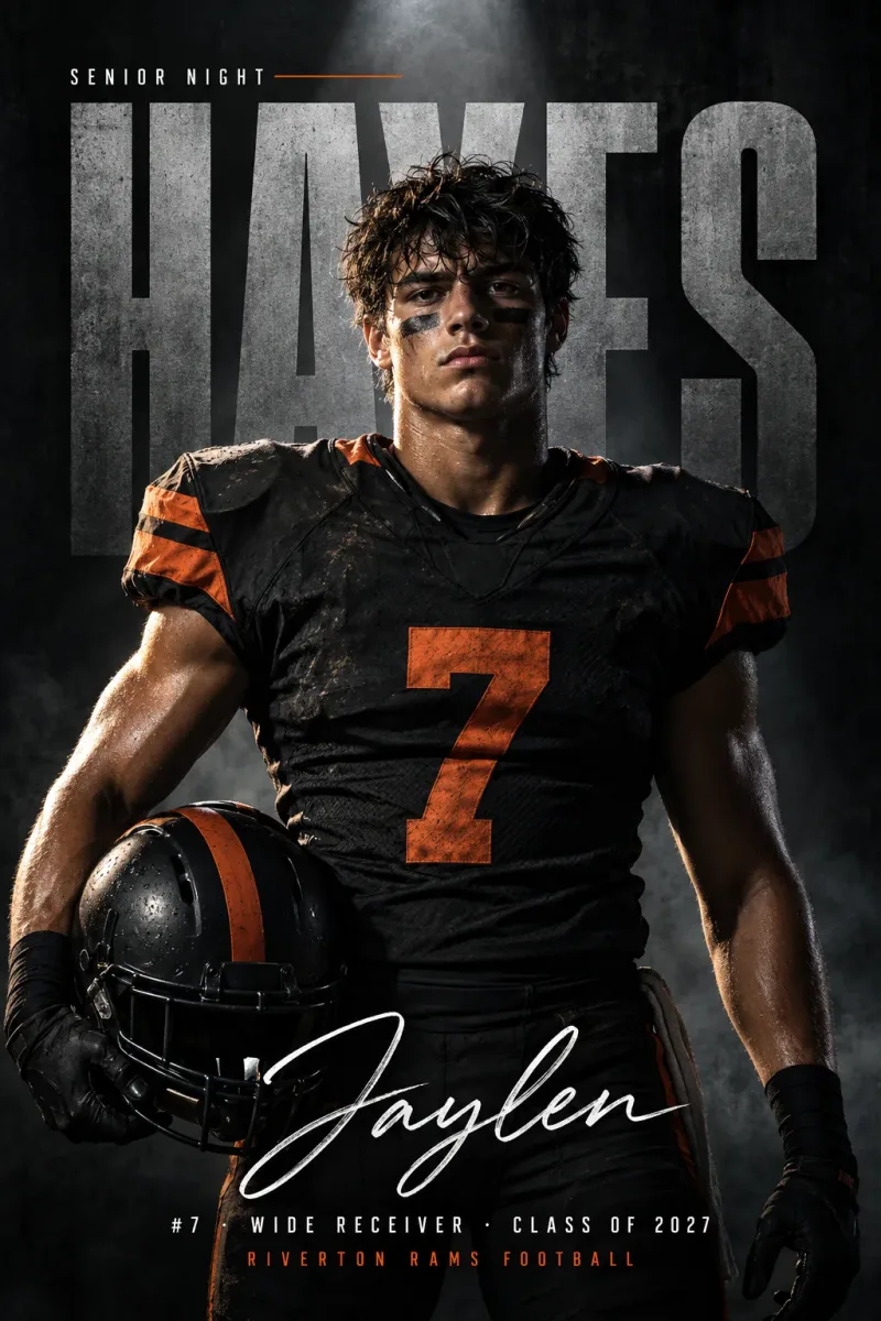 Dark Cinematic custom senior night banner design for football with sample photo, name, number and Class of 2027