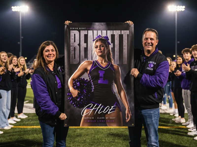 Dark Cinematic custom senior night banner held up by proud parents