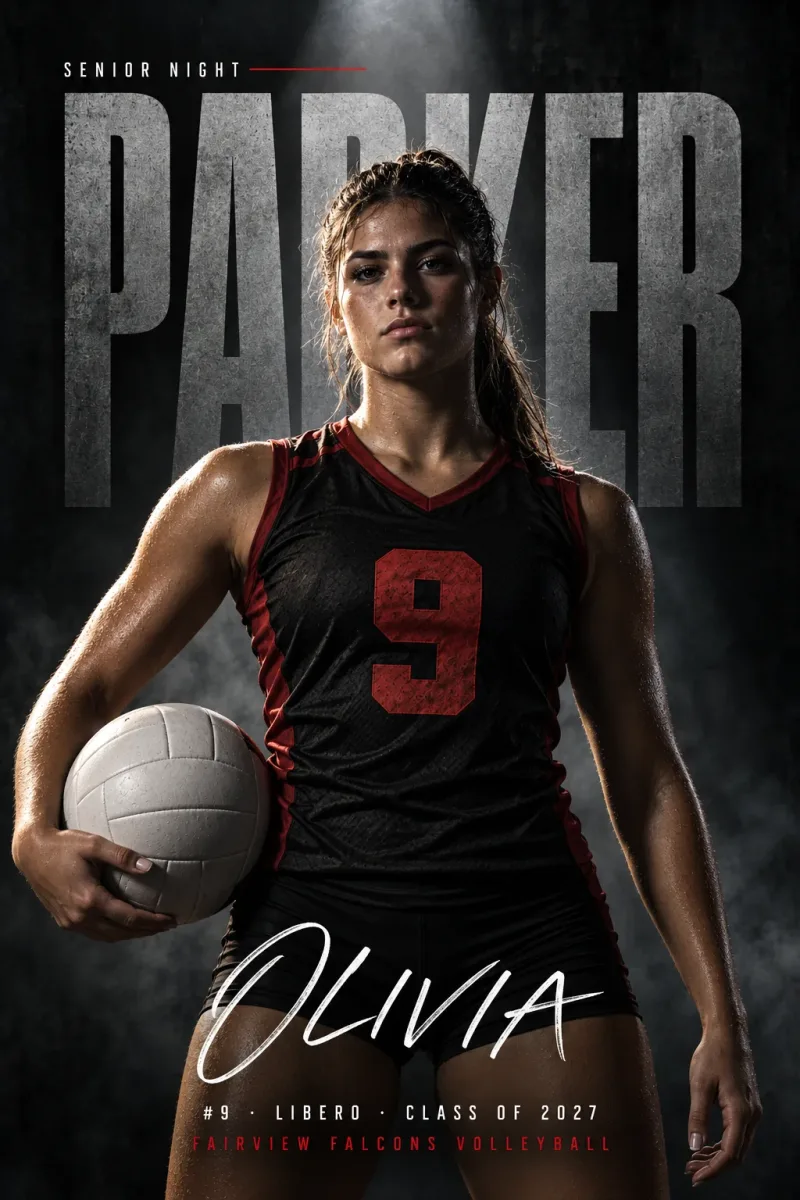 Dark Cinematic custom senior night banner design for volleyball with sample photo, name, number and Class of 2027