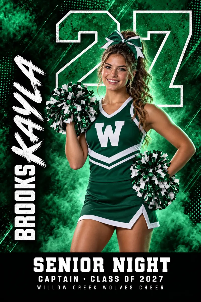 Media Day Hero custom senior night banner design for cheer with sample photo, name, number and Class of 2027