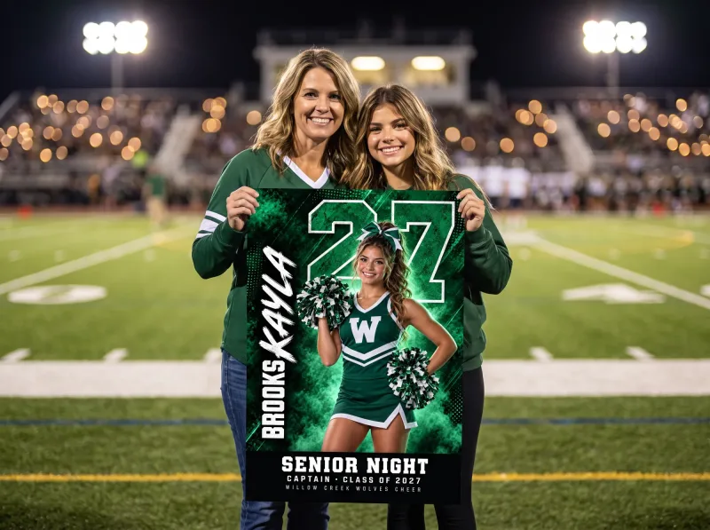 Media Day Hero custom senior night banner held up by the family on senior night
