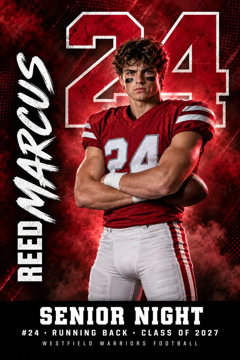 Media Day Hero custom senior night banner design for football with sample photo, name, number and Class of 2027