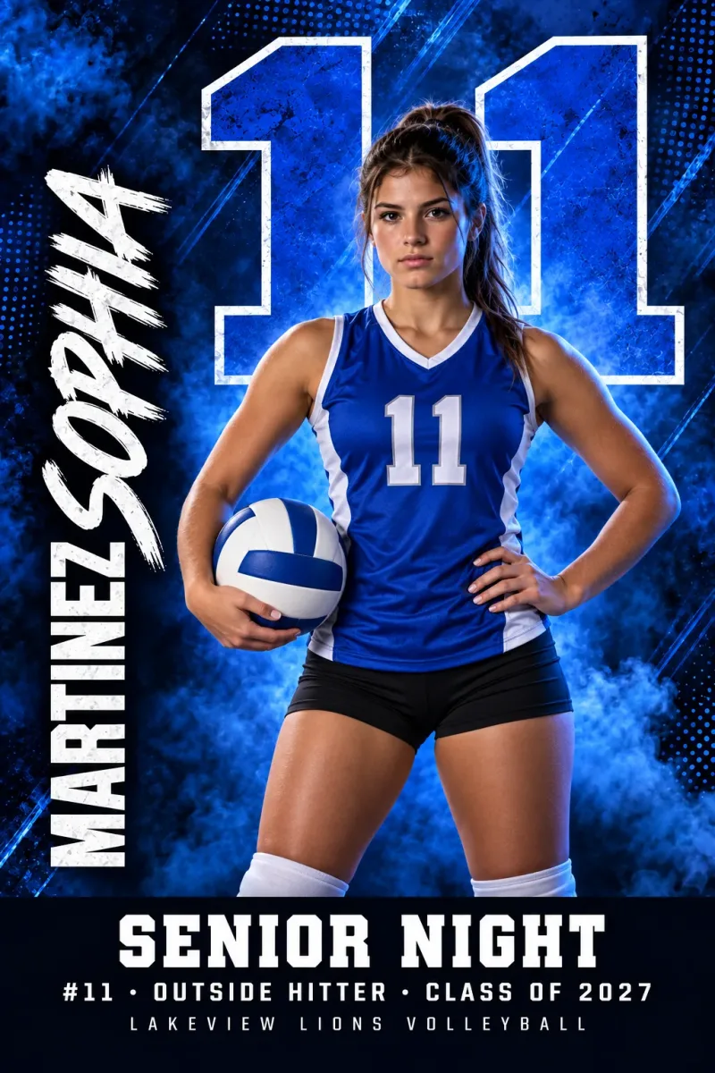 Media Day Hero custom senior night banner design for volleyball with sample photo, name, number and Class of 2027