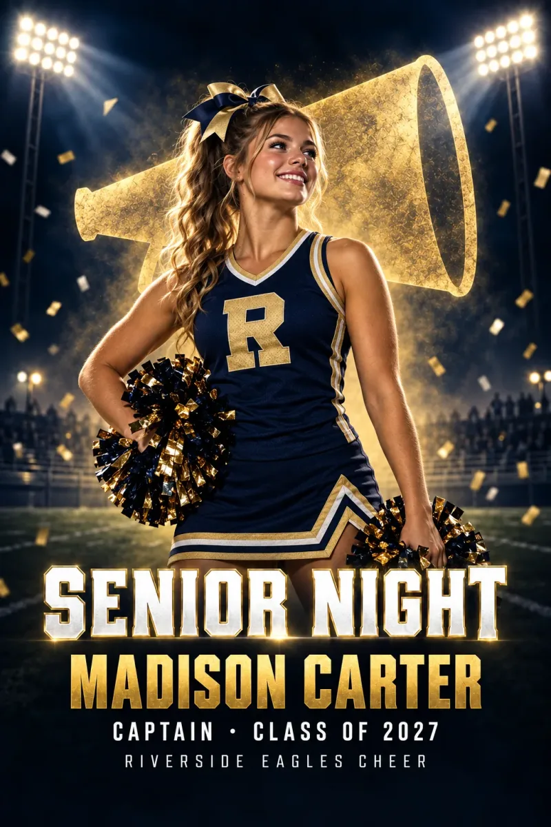 Stadium Lights custom senior night banner design for cheer with sample photo, name, number and Class of 2027