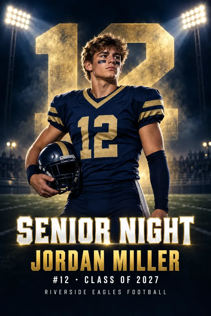 Stadium Lights custom senior night banner design for football with sample photo, name, number and Class of 2027