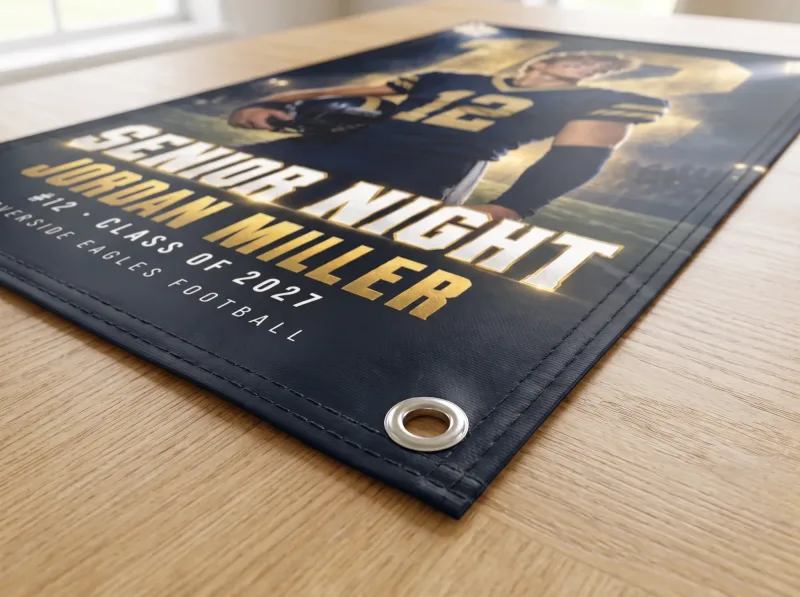 Stadium Lights custom senior night banner hemmed edge and metal grommet close-up