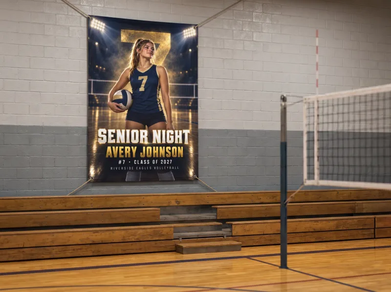 Stadium Lights custom senior night banner hung on a gym wall