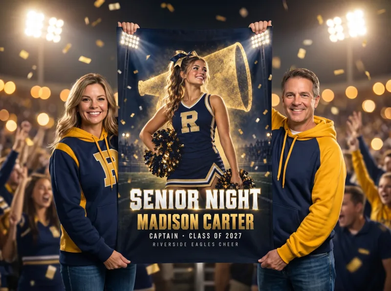 Stadium Lights custom senior night banner held up by proud parents in the stands