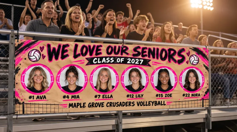 Team Seniors senior banner tied to the bleacher railing