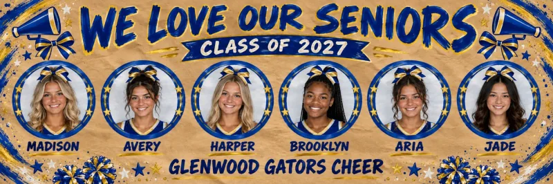 Team Seniors senior banner design for cheer with sample photo, name, number and Class of 2027