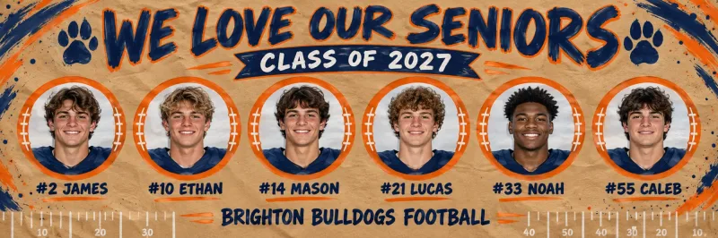 Team Seniors senior banner design for football with sample photo, name, number and Class of 2027