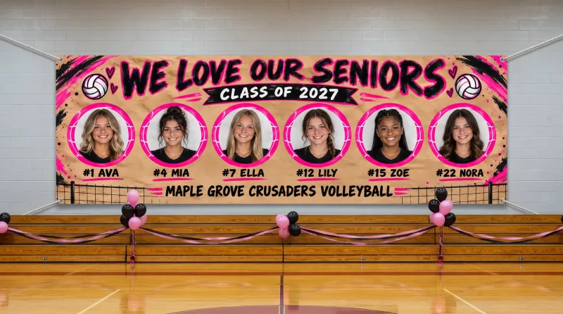 Team Seniors senior banner hung across a gym wall