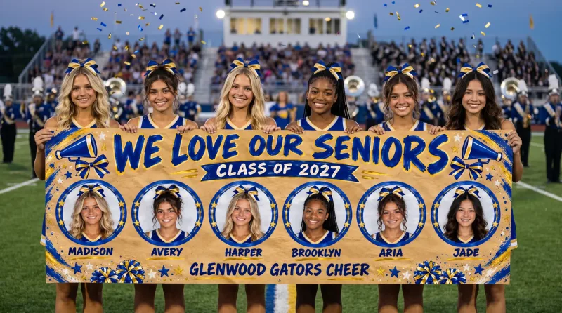 Team Seniors senior banner held up by the cheer team