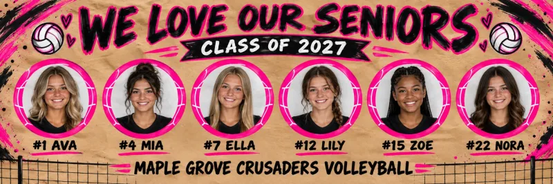 Team Seniors senior banner design for volleyball with sample photo, name, number and Class of 2027